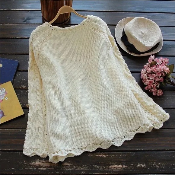 Cable knit pocket cardigan sweater cream womens long sleeve top - Picture 3 of 3